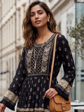 Handmade Black and Cream Patterned Dress